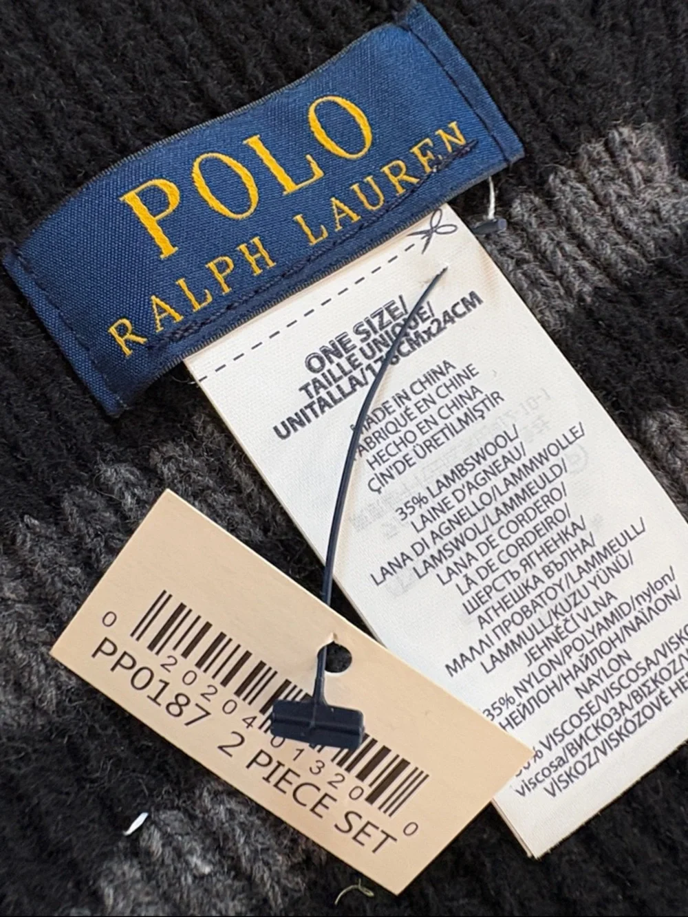 Polo by Ralph Lauren Black Knit Scarf with Gray Stripes Burgundy Logo NWT